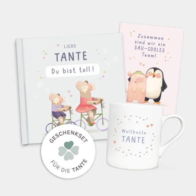 MINTKIND Tante Geschenk Set Buch Tasse Karte 3-teilig