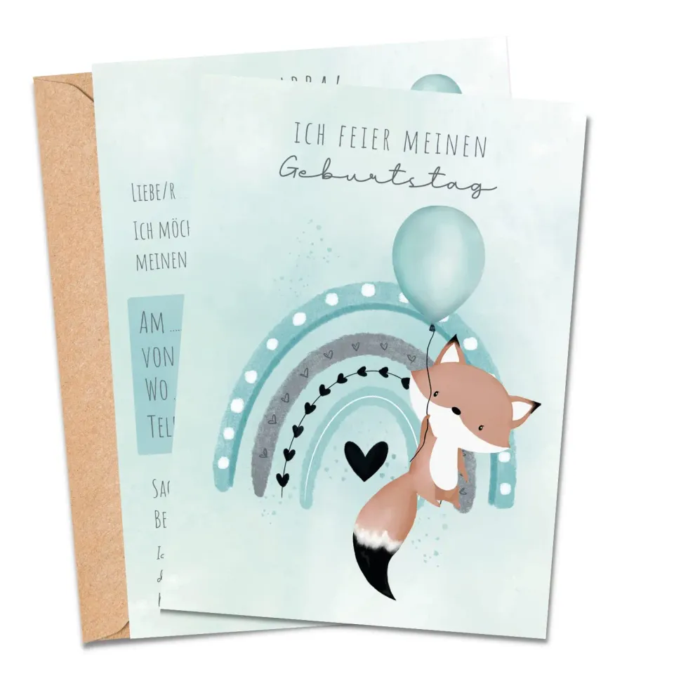 MeinBaby123 Einladungskarten Kindergeburtstag Fuchs türkis 10er Set