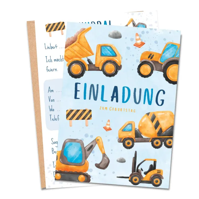 MeinBaby123 Einladungskarten Bagger 10er A6 mit Umschlägen Karton