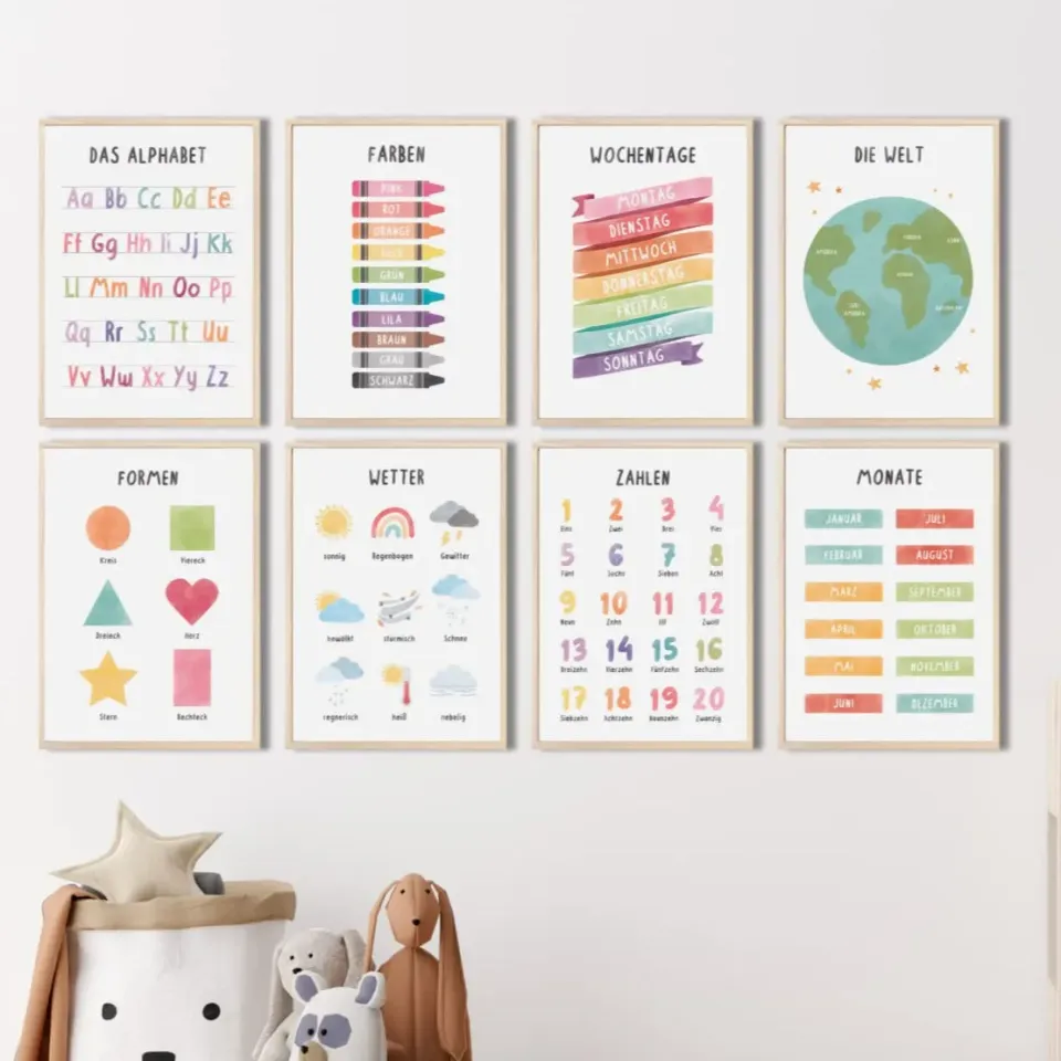 MeinBaby123 Lernposter 8er Set A4 ABC Zahlen