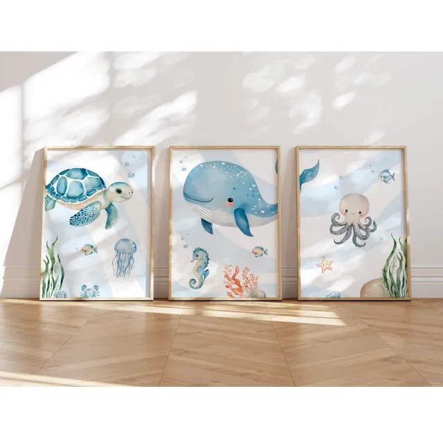 MeinBaby123 Kinderzimmerposter 3er Set A4 Unterwasserwelt