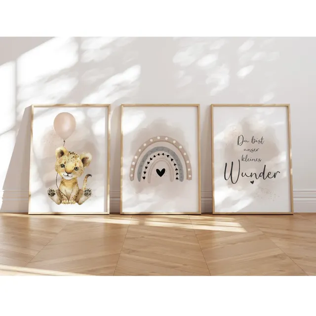 MeinBaby123 Poster 3er Set A4 Löwe Luftballon Beige