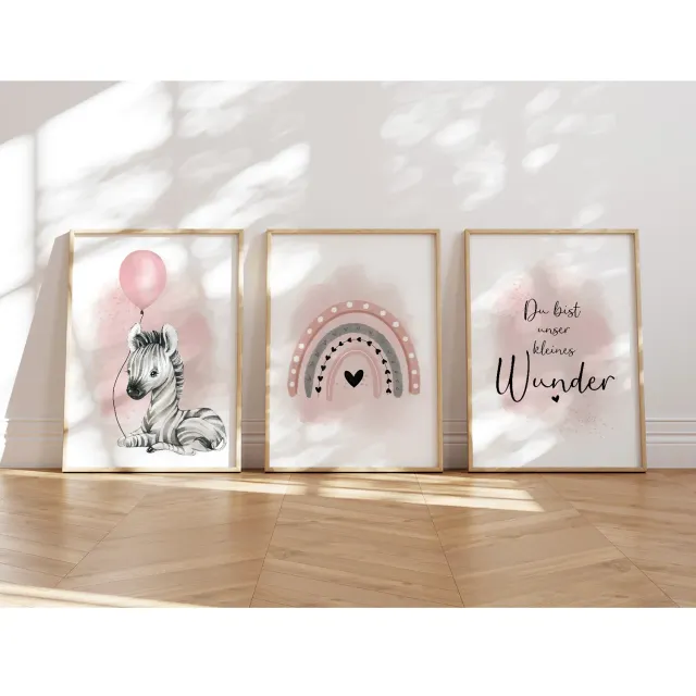 MeinBaby123 Kinderzimmer Poster 3er Set A4 Zebra rosa