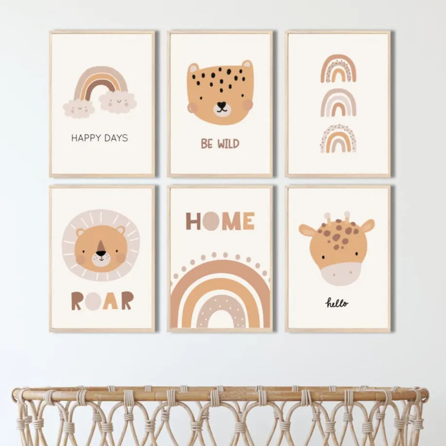 MeinBaby123 Süße Tiere Poster 6er Set A4 Boho