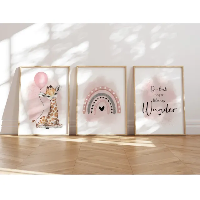 MeinBaby123 Kinderzimmer Poster 3er Set A4 Giraffe rosa