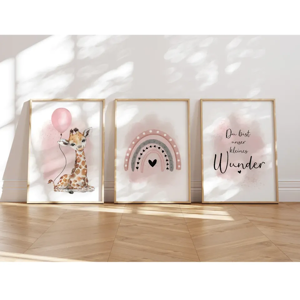MeinBaby123 Kinderzimmer Poster 3er Set A4 Giraffe rosa