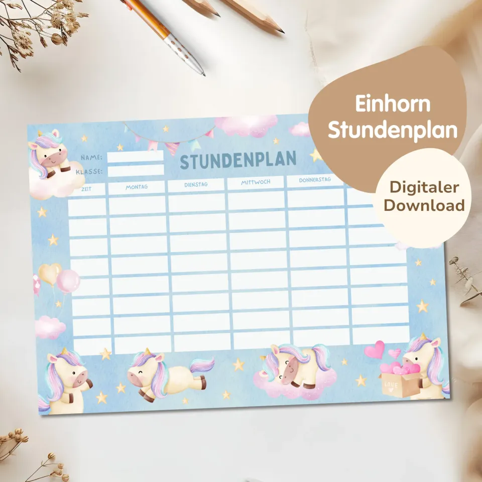MeinBaby123 Stundenplan Einhorn II PDF A4 Ausdruck