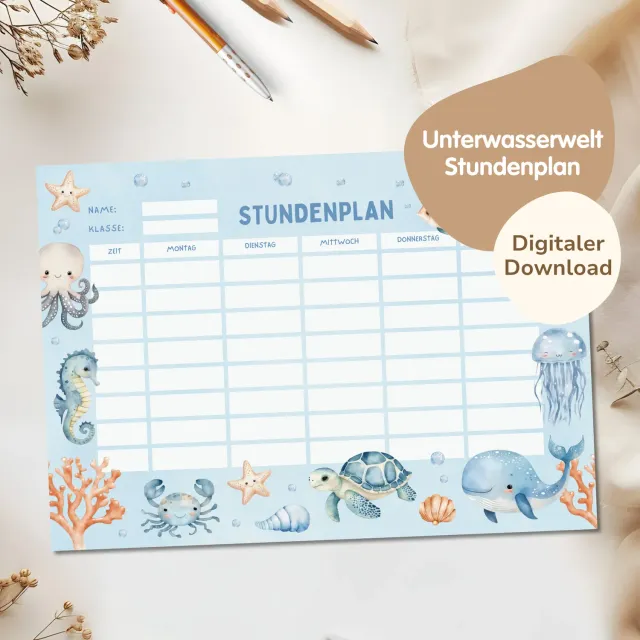 MeinBaby123 Unterwasserwelt Stundenplan PDF A4 Ausdruck