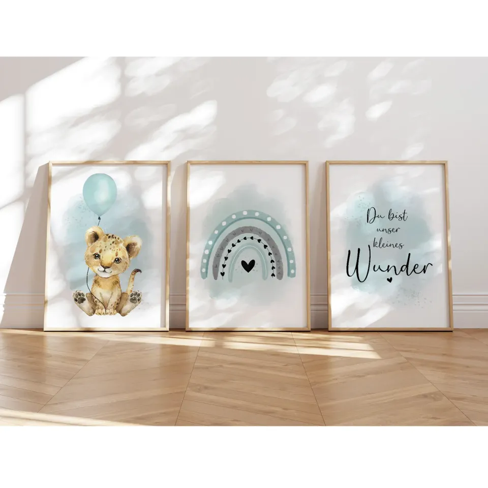 MeinBaby123 Kinderzimmer Poster 3er Set A4 Löwe Luftballon mint