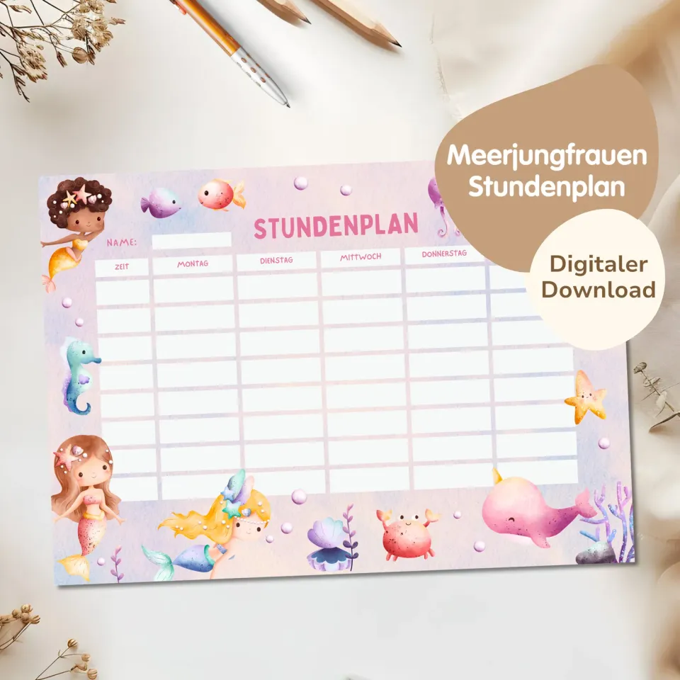 MeinBaby123 Stundenplan Meerjungfrau zum Ausdrucken PDF A4