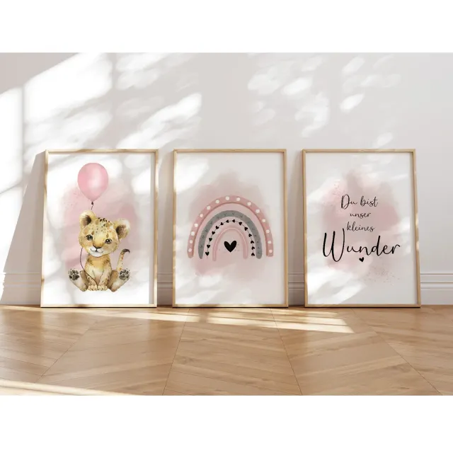 MeinBaby123 Kinderzimmer Poster 3er Set A4 Löwe Rosa