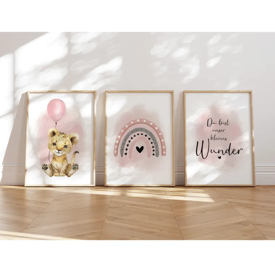 MeinBaby123 Kinderzimmer Poster 3er Set A4 Löwe Rosa